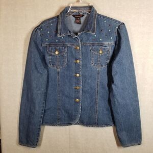 Vintage Francesca Blue Denim Jacket ‎ Embellished w/ Set Stones Cotton Spandex